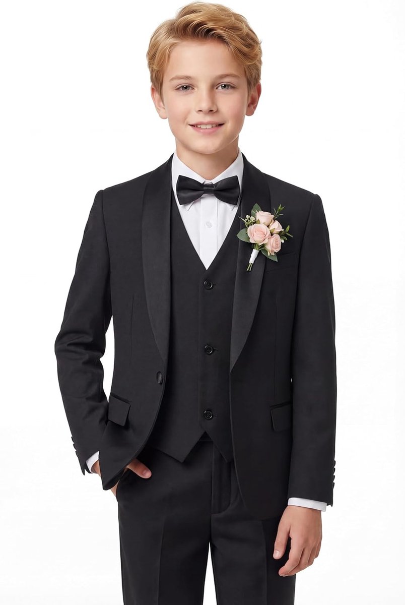 Smokingpak voor kinderen, 5-delig, blazer met sjaalkraag, vest, overhemd, broek en vlinderdas, formele outfit voor bruiloft, feest, eindejaarsbal, 4-14 jaar