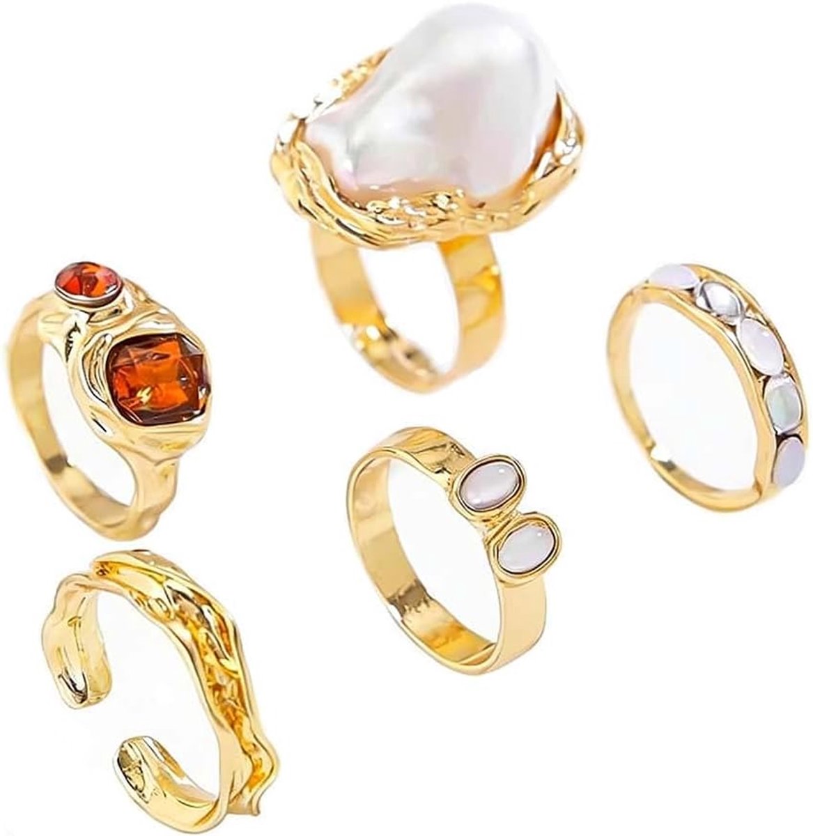 Ringenset amber-imitatie, goud en zilver, 5-delige ringserie