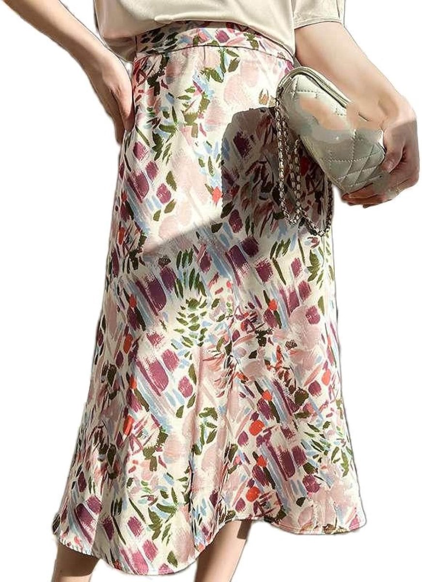 Satijn Bloemenprint Rok - Zomer Acetaat Satijn Dunne Gedeelte Hoge Taille A-Lijn Paraplu Rok Toont Dunne Pakket Hippe Rok, Modieus, Comfortabel En Veelzijdig Zijdeachtig Gedrapeerde Ro