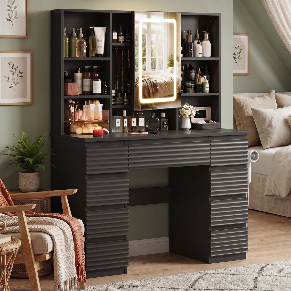 Devoko Kaptafel met Spiegel en LED Verlichting – 12 LED-Lichtpunten en 3 Lichtkleuren – 9 Laden met Geribbelde Fronten en Verborgen Spiegelopberging – 2 Stopcontacten, USB, USB-C en Föhnhouder – 108 × 40 × 146 cm – Zwart