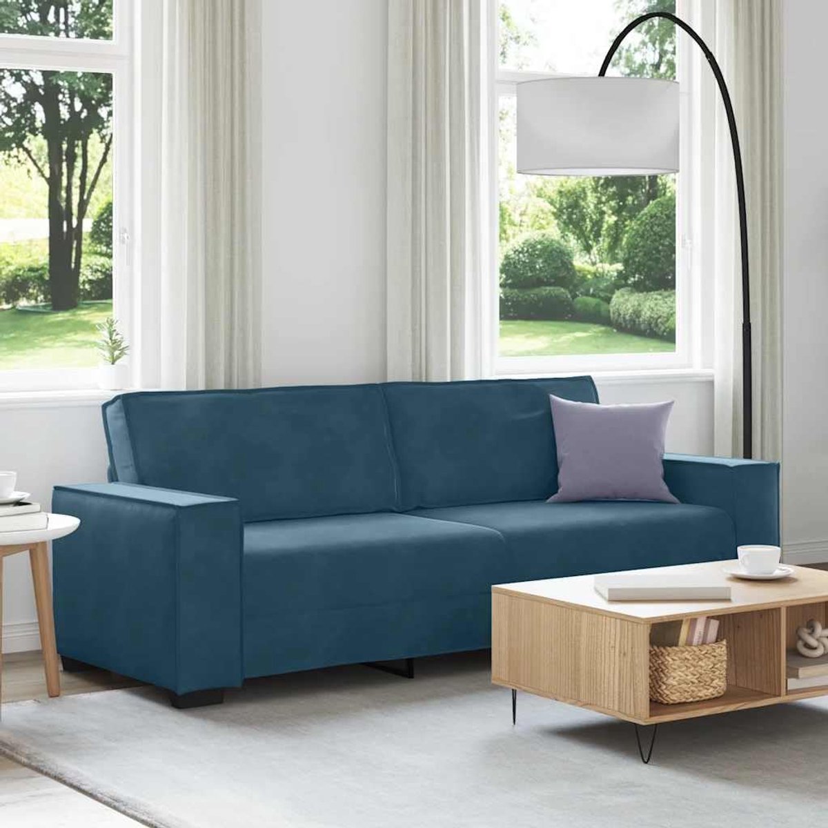 3-zits sofa fluweel blauw 220x78x84 cm met brede armleuningen en robuust houten metalen frame voor woonkamer en kantoor