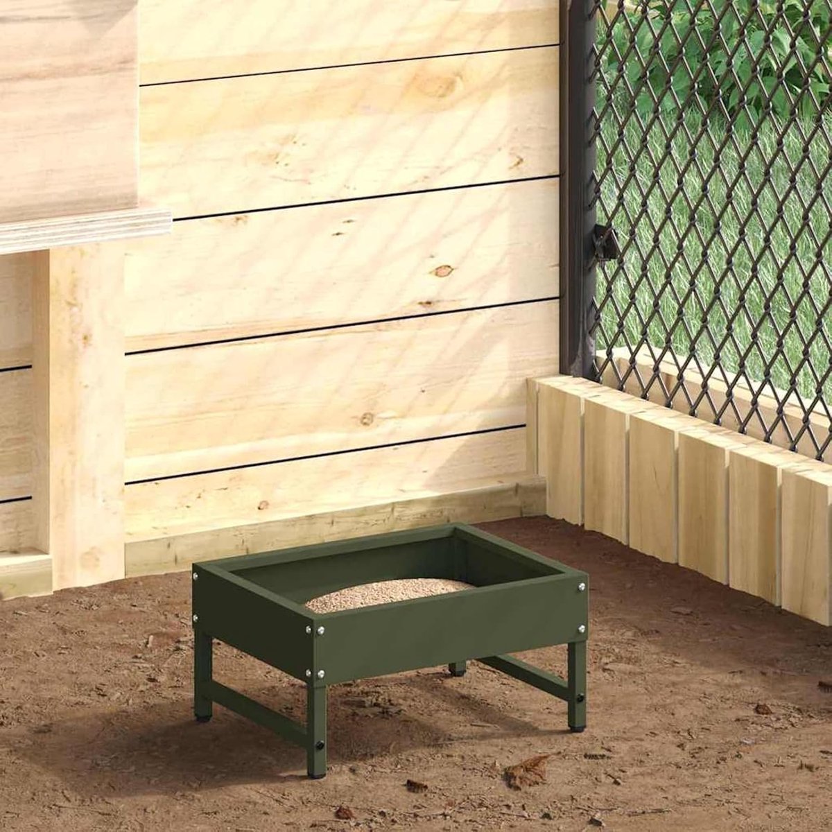 Kippenvoederdispenser olijfgroen, 34 x 26 x 16 cm, koudgewalst staal, voor binnen en buiten