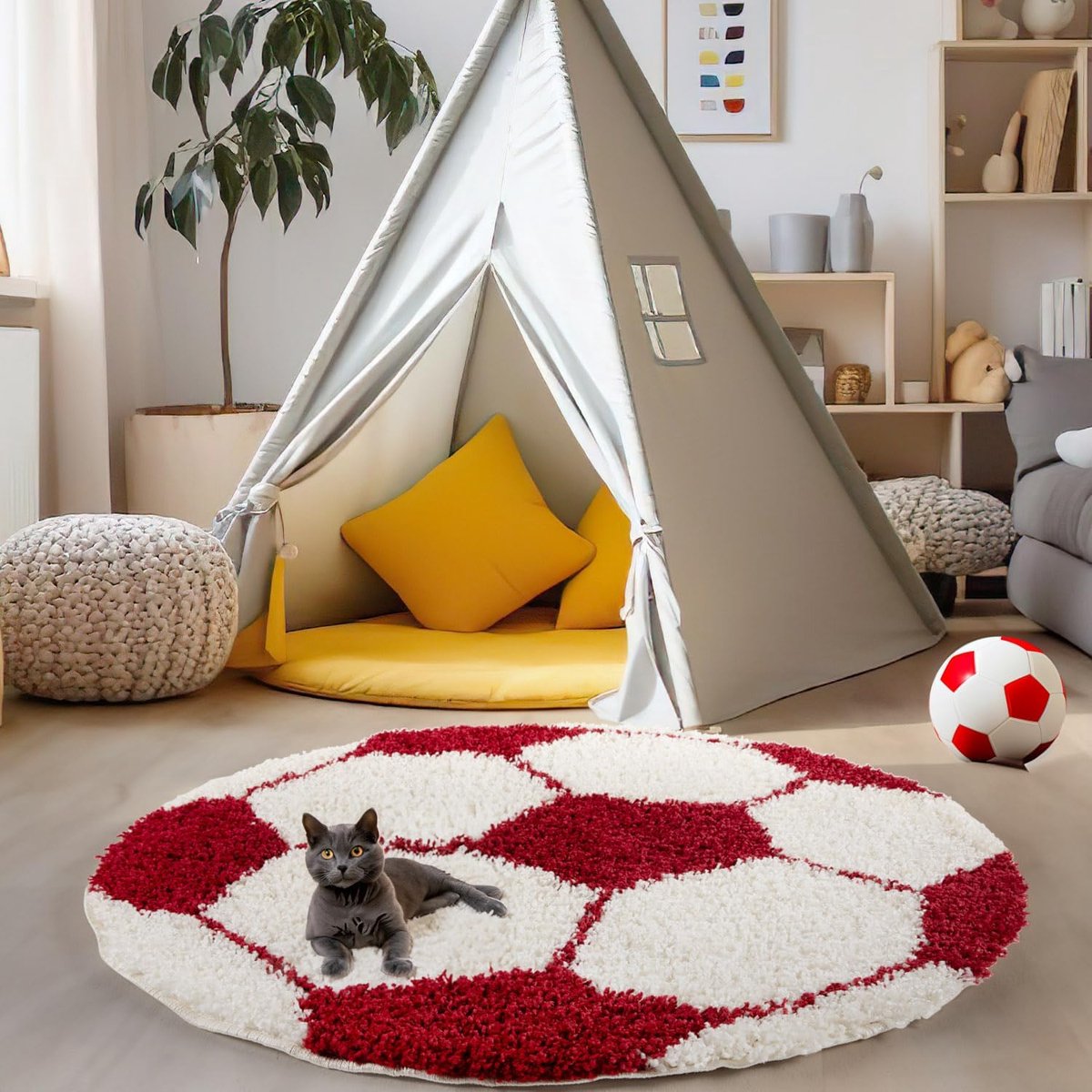 Kindertapijt in de vorm van een voetbal voor de kinderkamer, pluizig en superzacht., Kleur: Rood, Maat: 120 cm Rotondo