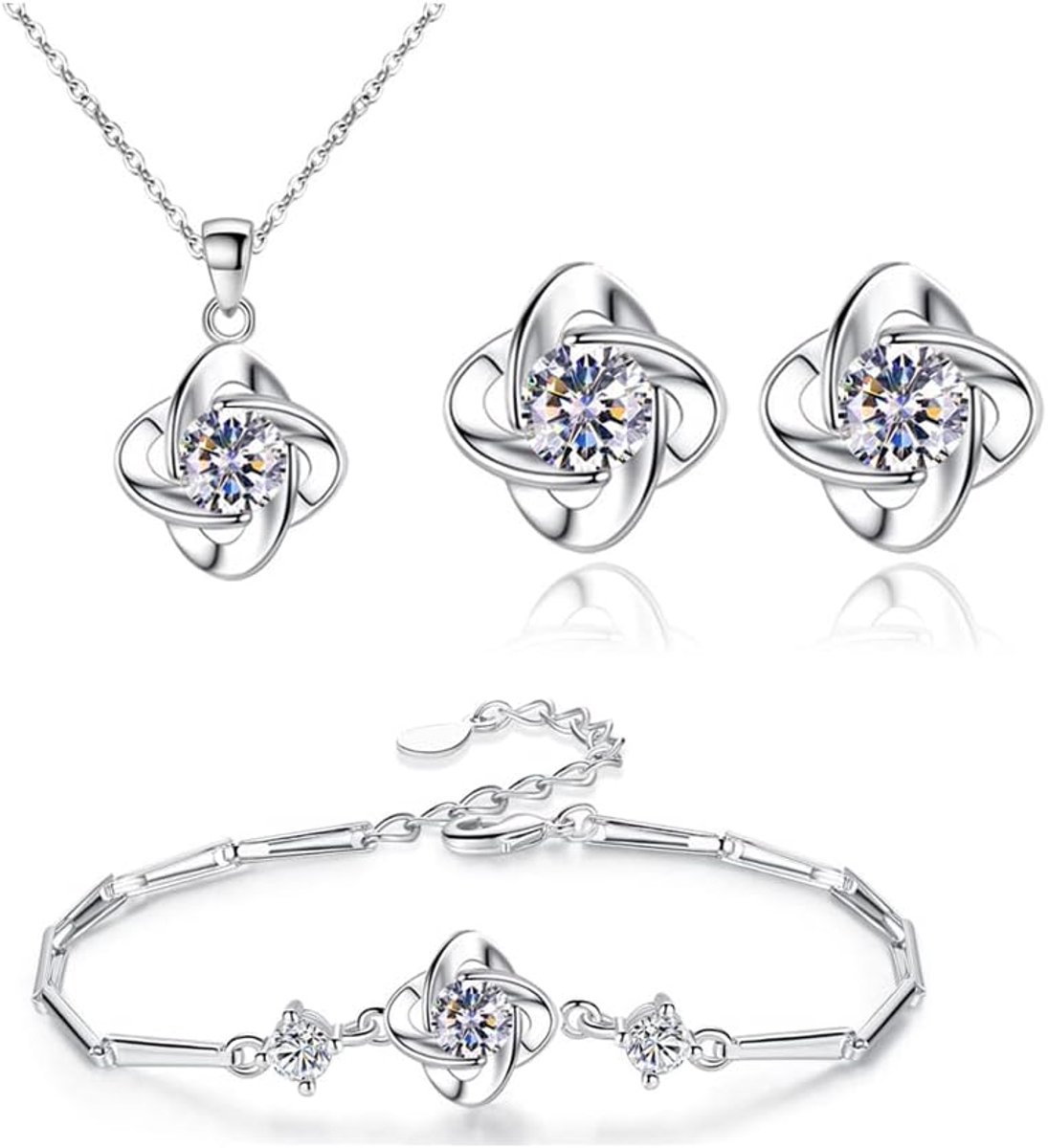 Sieradenset voor dames, zilveren kristallen, hanger, halsketting, armband, oorbellen, set, strass, bruidssieraden, set, feest, verjaardag, jubileum, Kerstmis, Valentijnsdag, geschenken