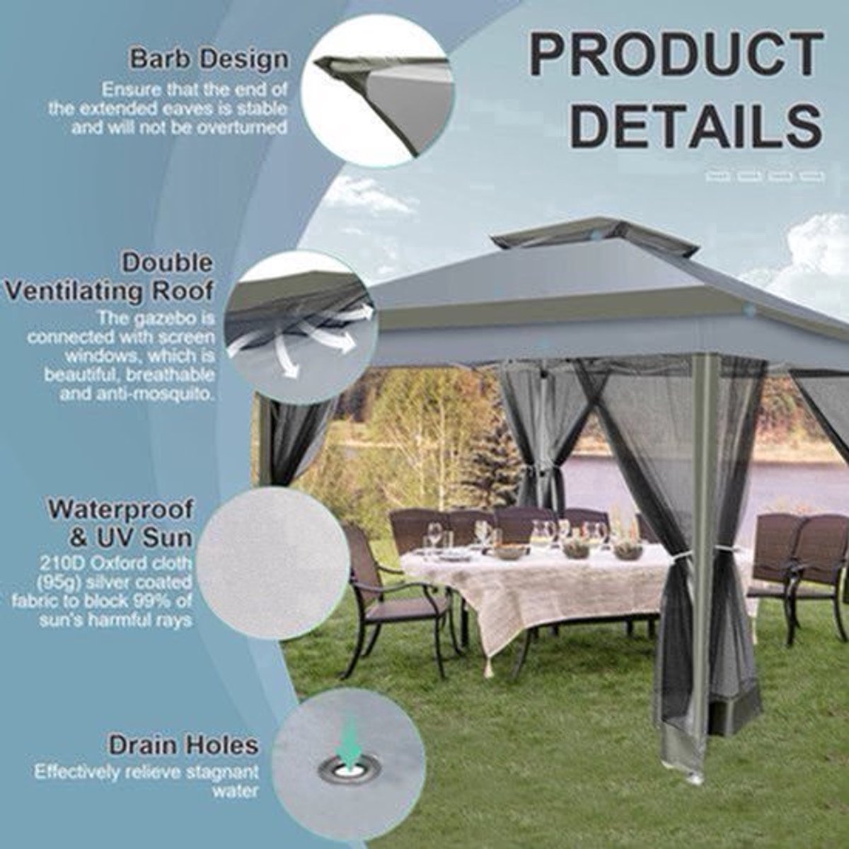 Paviljoen – Tuinpaviljoen – Partytent – Overkapping – Schaduwdoek – Waterafstotend – UV-Bescherming - 3 x3 Meter - Donkergrijs