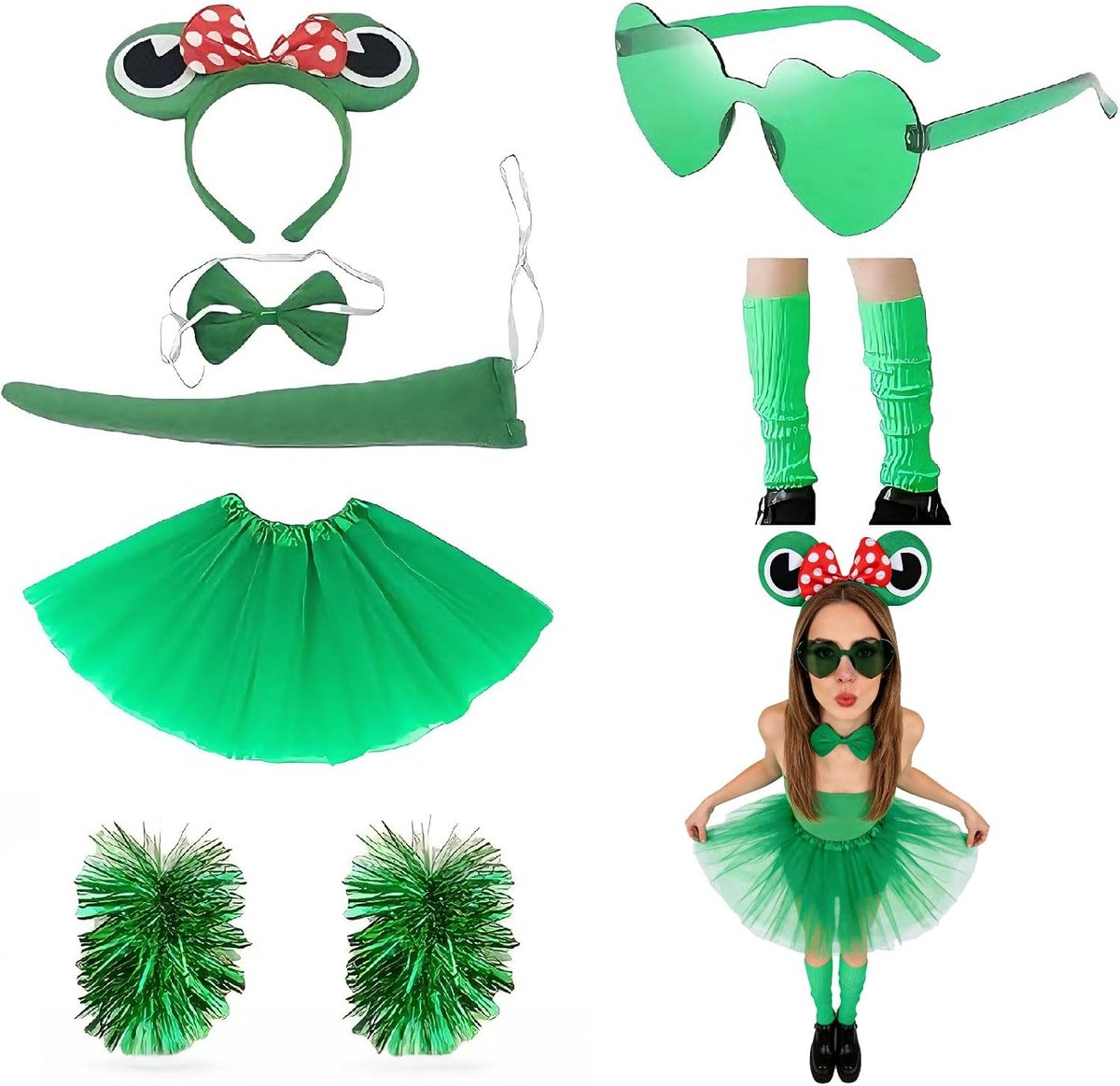 Kikker Haarband Set voor Dames en Kinderen – Inclusief Groene Hand- en Beenkappen, Staart, Strik, En Kikker Oogbril – Perfect voor Feesten en Kostuumpartijen