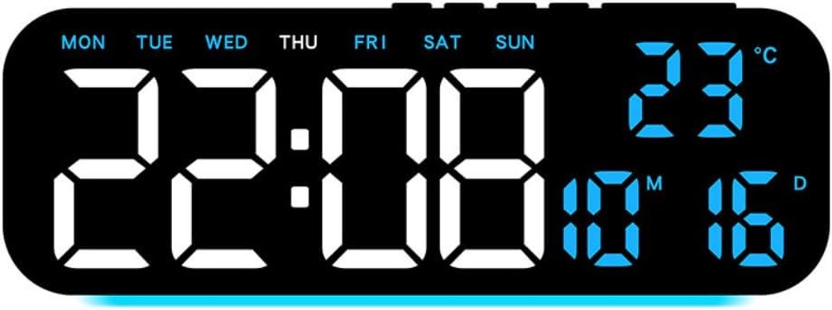 GH8051 Grote digitale led-wekker met RGB-kleurverandering, weergave van tijd, datum, dag van de week en temperatuur, moderne nachtwekker voor slaapkamer, kantoor en woonkamer