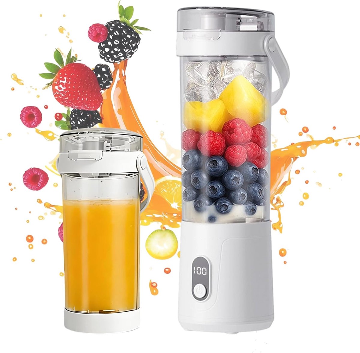 Mixer to go & smoothie maker, 600 ml mini-blender met 12 messen, BPA-vrije beker met lekvrij deksel en drinkopening, Type-C blender, 22000 omw/min, kleine mixer voor shakes (digitaal wit)