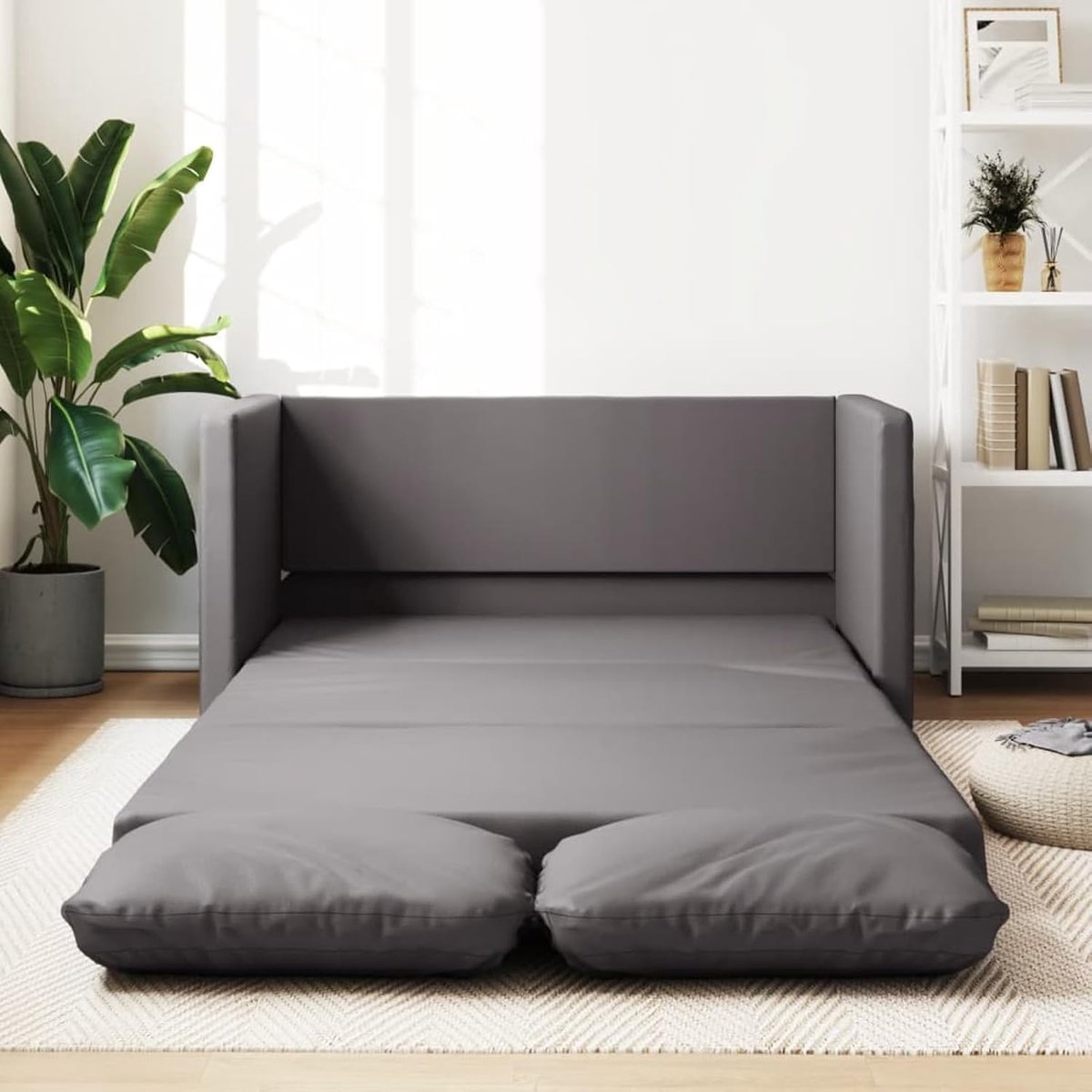 Vloerbank met slaapfunctie, grijs, 112 x 174 x 55 cm, kunstleer, gestoffeerde bank, zitgroep, bank voor woonkamer, appartement, kantoor, logeerkamer, 353975