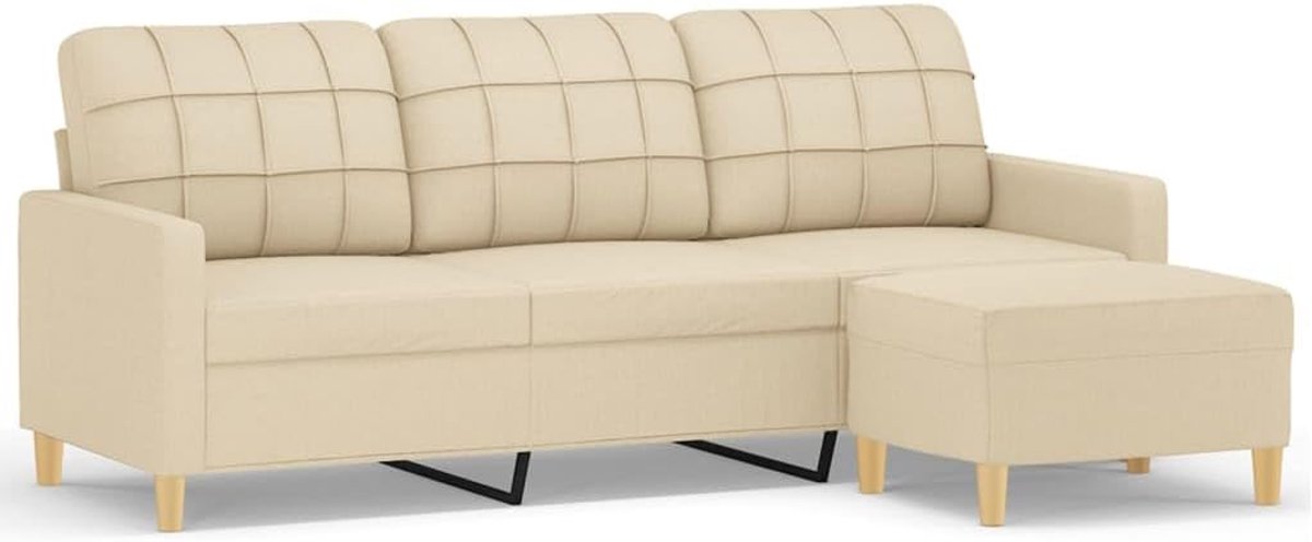 3-zitsbank met kruk, crème, 180 cm, stof, voor woonkamer, slaapkamer, logeerkamer
