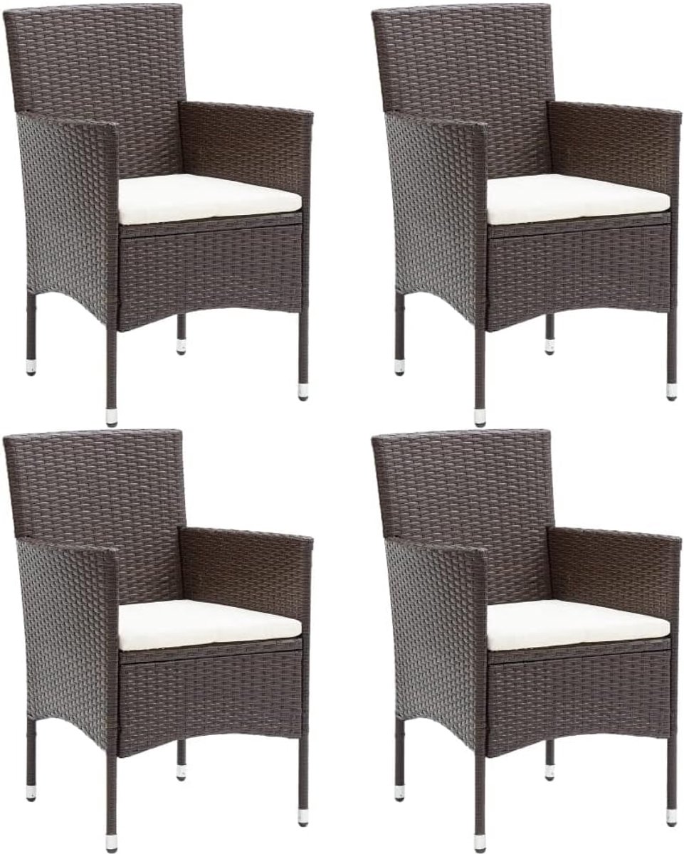 Set van 4 tuinstoelen van polyrotan in bruin, met zitkussen, handgevlochten rotan, afgeronde rugleuningen en armleuningen, belastbaar tot 110 cm
