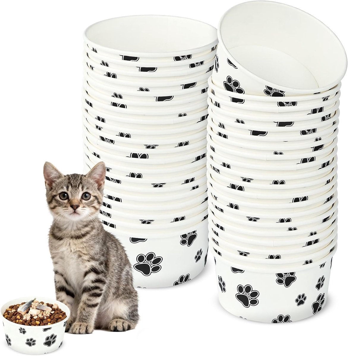 Voerbak voor huisdieren, witte verdikte papieren kommen voor huisdieren met schattig patroon, geschikt voor nat en droog voedsel, kitten, puppy's (verpakking van 50 stuks)