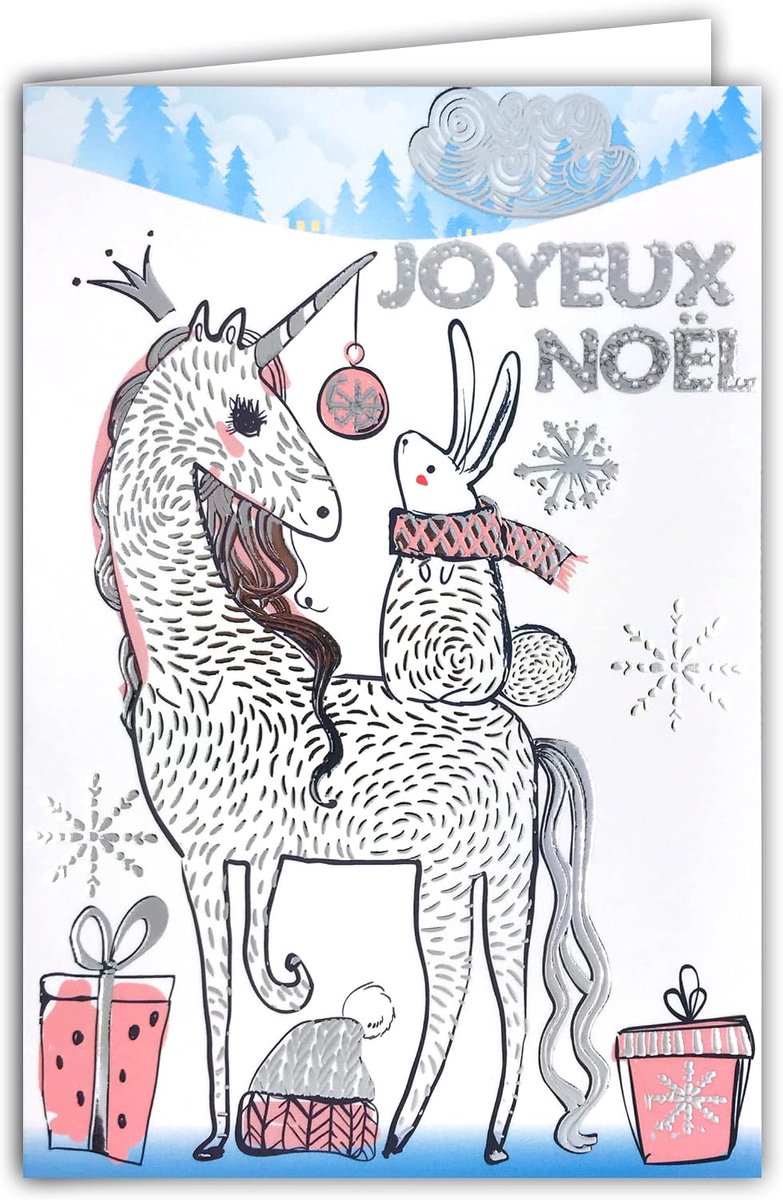 61-5676 Kerstkaart met envelop en zilver glanzend fonkelend glinsterend eenhoorn hoorn kroon pony paard haas witte sjaal roze geschenken magische sneeuwvlokken voor kleine meisjes