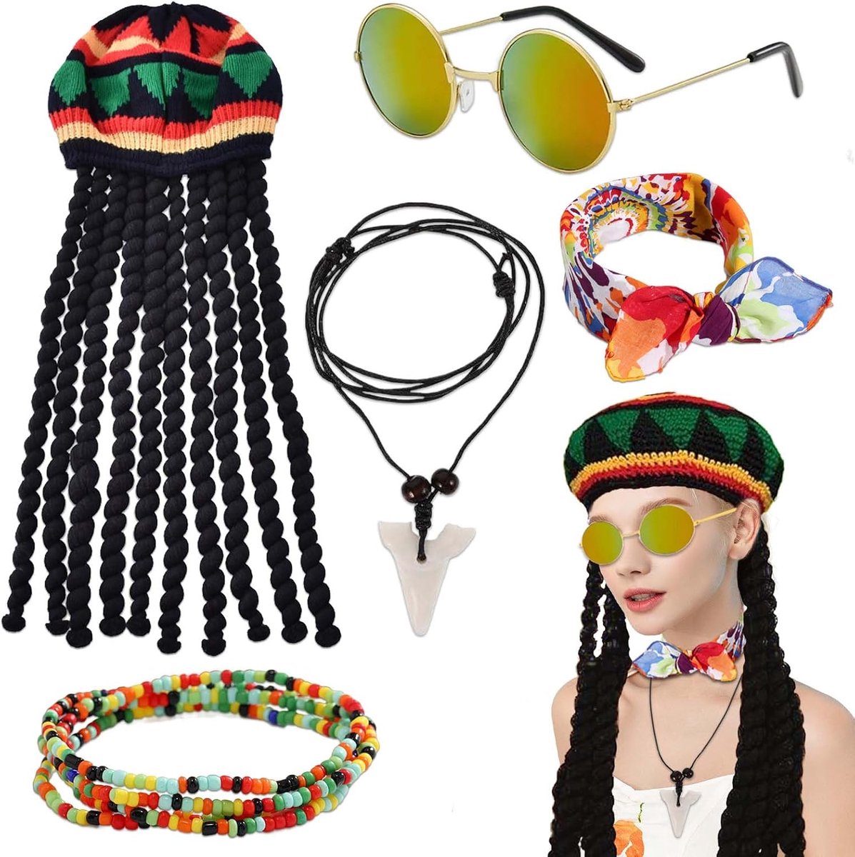 Lange gevlochten hoed, bril en gevlochten armband, zwart gevlochten pruik cap, Rasta hoed, X-Long gevlochten hoed met bril en gevlochten armban,Zwarte gevlochten pruikkap voor feesten en cosplay