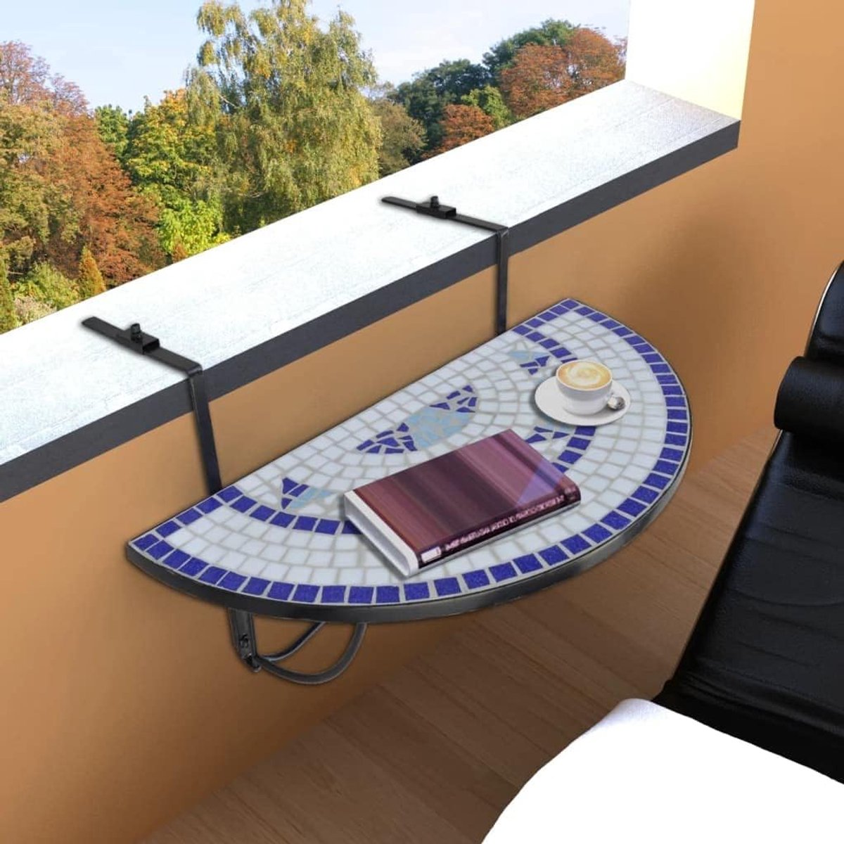 Hangend mozaïek blauw en wit met halfrond design, stevig ijzeren frame, eenvoudig te bevestigen aan balkonrailing tot 18 cm en inklapbaar ruimtebesparend voor terras en buiten.