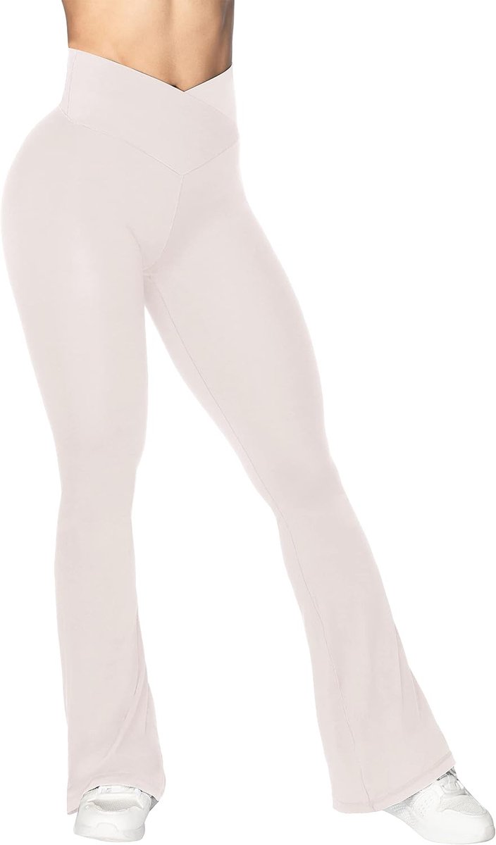 Leggings, Crossover Yoga Pants for Women with Tummy Control, High-Waisted and Wide Leg Beige