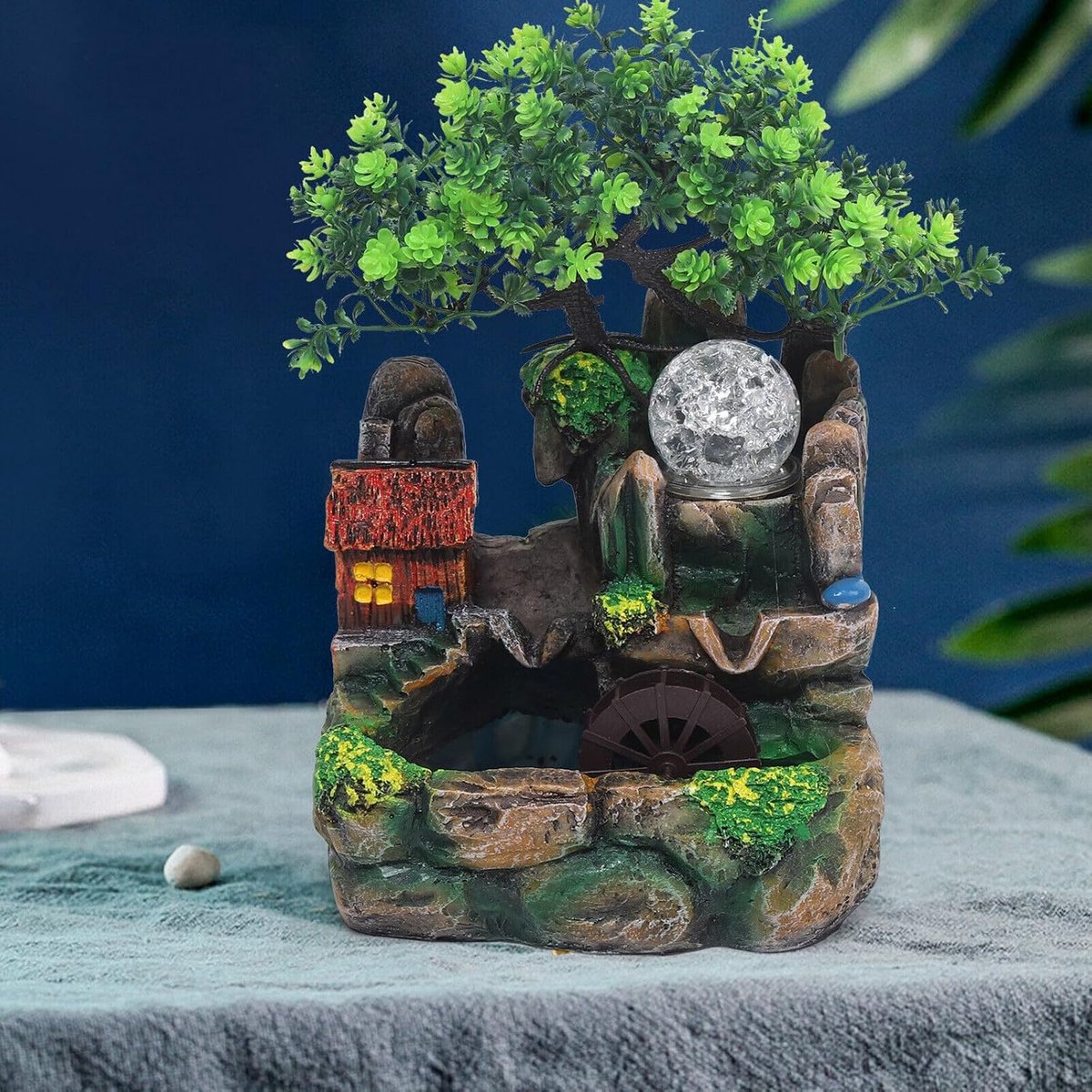 Kamerfontein met ledverlichting, kleine tafelfontein, waterval, desktop, kamerfontein voor woonkamer, slaapkamer, kantoor, 20 x 16 x 27 cm