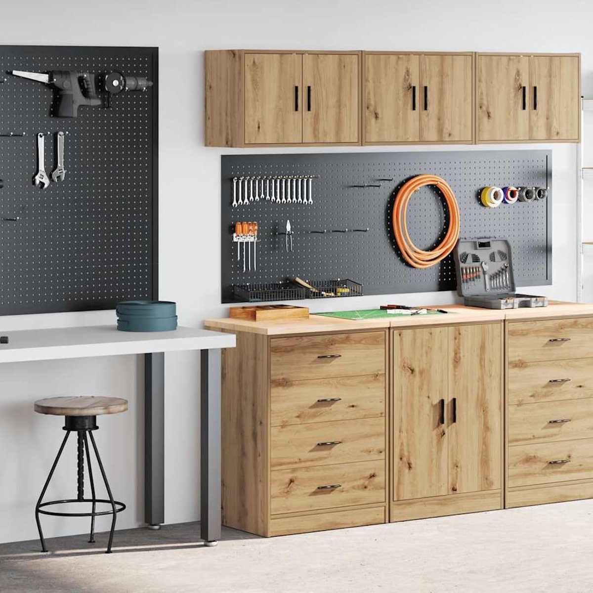 2 stuks, robuuste houten kasten met massief grenenhouten plaat, Artisan eiken, voor doe-het-zelf organisatie in garage en opslagruimte
