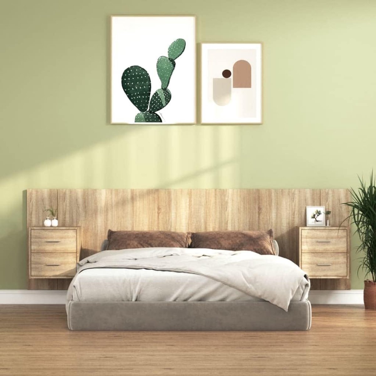 Hoofdeinde voor bed met nachtkastjes, Sonoma-eikenhout, klassiek design met opbergruimte, wandmontage voor maximaal vloeroppervlak, robuust en vochtbestendig