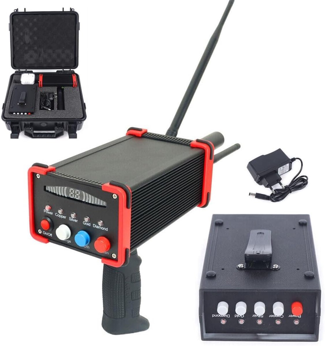 Metaaldetector, handheld gouddetector met dubbel monster, draagbare metaaldetector, detector voor goud, zilver, koper, edelstenen, diamond, detectiediepte 16 m, zoekbereik 99 m