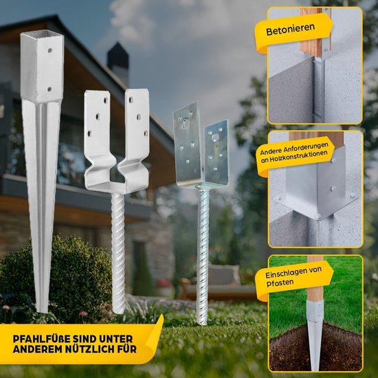 20 x U-vormige paaldragers om in beton te zetten, steunpoot 81 x 120 x 60 mm, paalanker van verzinkt staal, 4 mm, grondanker voor houten palen, paalschoen voor terrassen en hekken — afbeelding 4