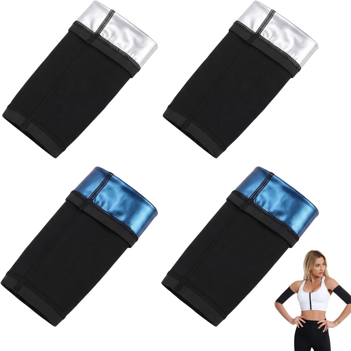 2 paar sauna-polsbandages voor compressie, verstelbare saunarm, trimmer, zweetbanden voor dames en heren, elastische armshaper, zweetgordel voor fitness en sport (blauw en zilver, L/XL)