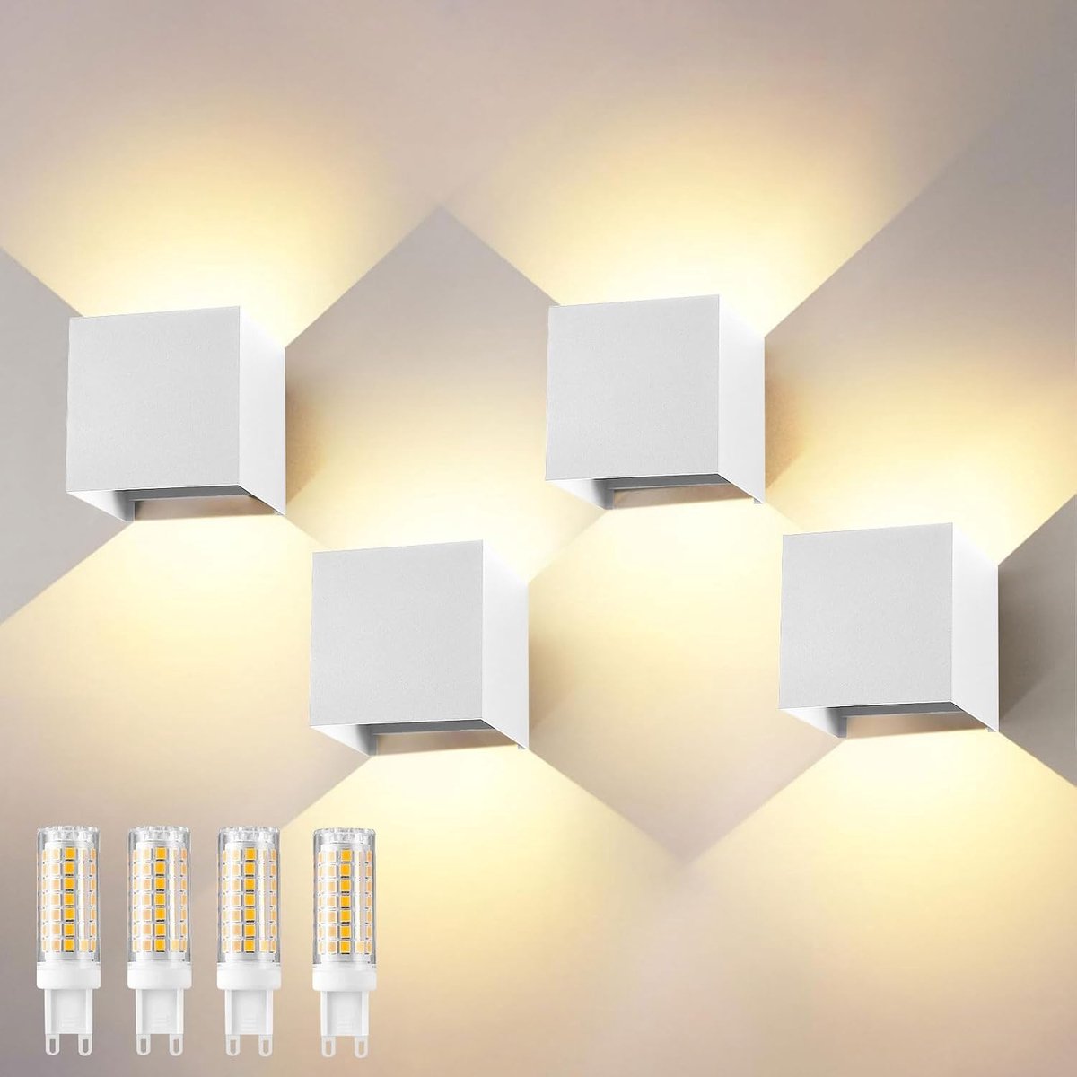 Wandlamp Binnen Buiten IP65 4-Stuks, Witte Wandlamp met Op- en Neerwaartse Verlichting, 9W 3000K, 0-120° Trapeloos Verstelbaar, G9 LED