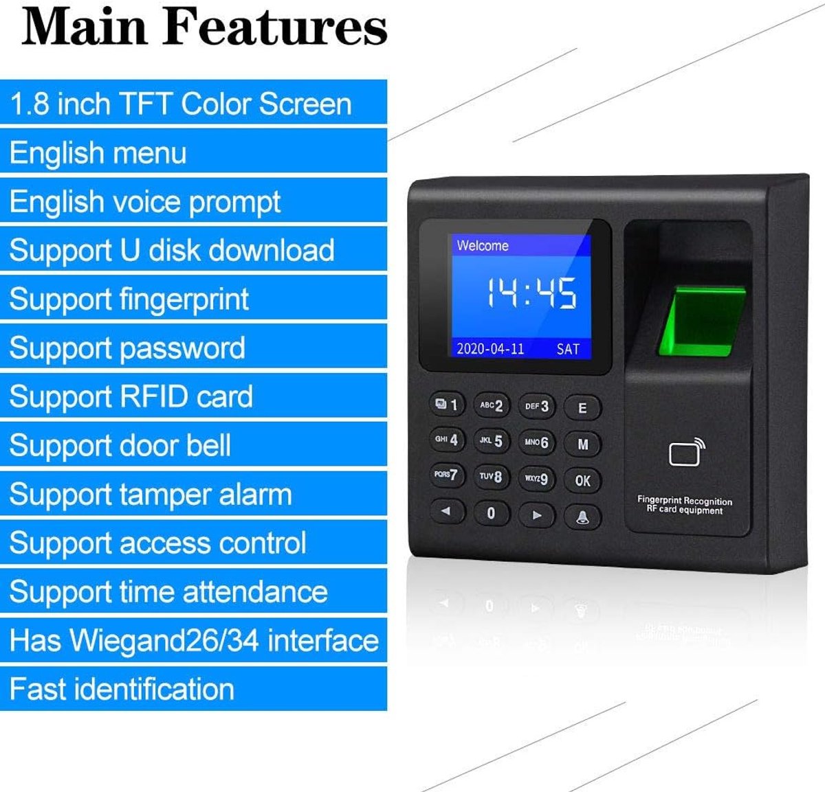 1,8 inch TFT vingerafdruk toegangscontrolesysteem ondersteunt RFID-kaart wachtwoord toetsenbord tijdregistrator USB aanwezigheidsmachine 10 sleutelhanger