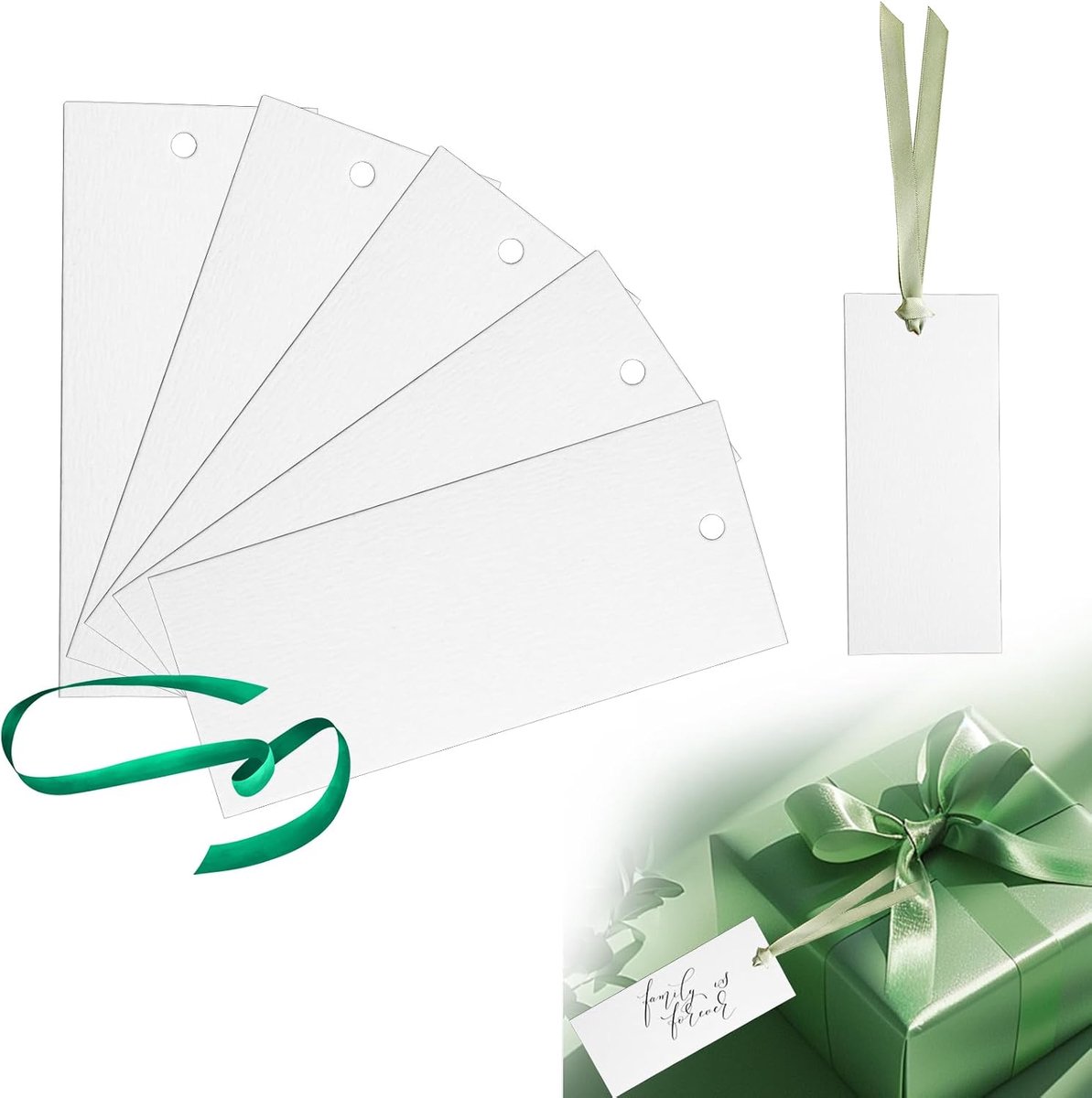 50 stuks blanco bruiloftstafelkaarten met lint in saliegroen, goed formaat, eenvoudig, fris en gepersonaliseerd ontwerp, decoratiebenodigdheden, geschikt voor verlovingsfeesten, bruiloften