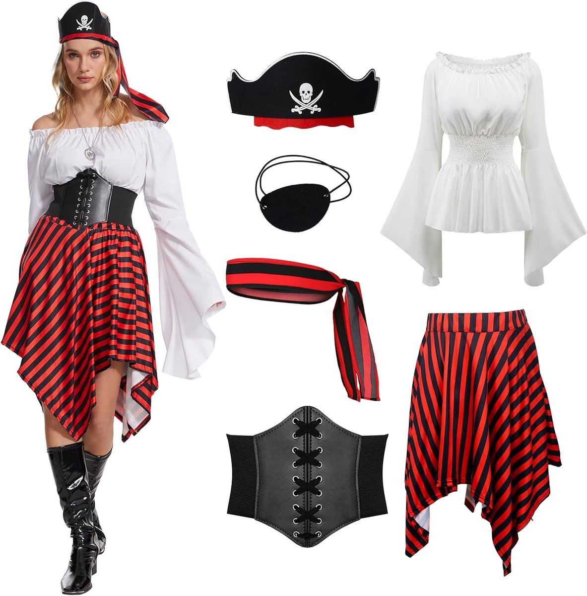 Piratenkostuum voor volwassenen en vrouwen, 6-delig, middeleeuws Vikingkostuum voor dames met blote schouders, gotische rok, piratenaccessoires, voor Halloween carnaval