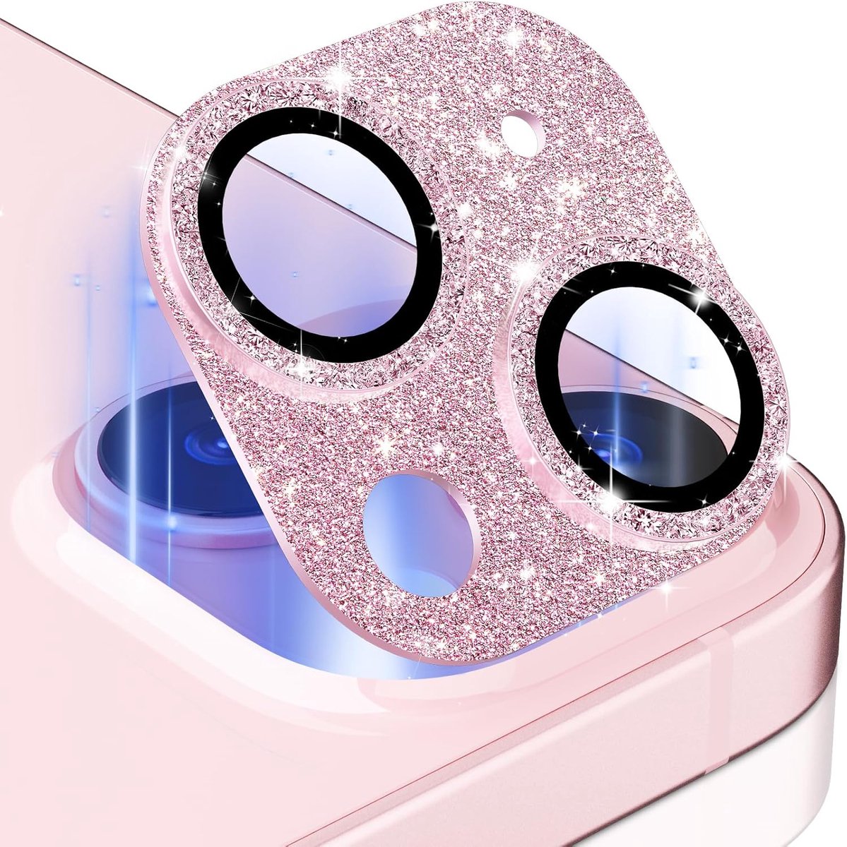 Imluckies Bling cameralensbeschermer voor iPhone 15 / iPhone 15 Plus, glanzende metalen ring gehard glas achterscherm cover film voor 15 Plus 2023, glitterroze