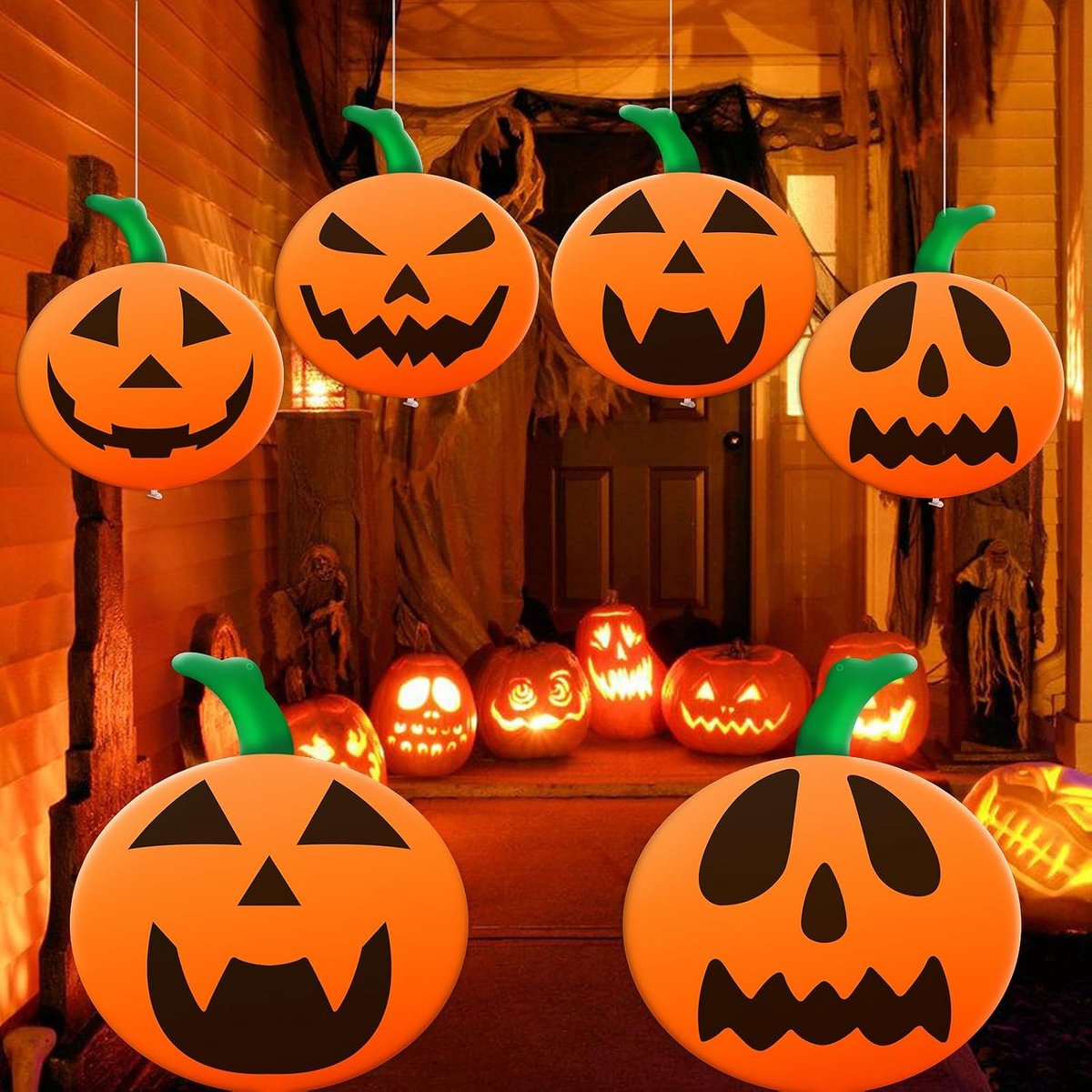 6 stuks 60 cm, 40 cm Halloween opblaasbare ballonnen opblaasbare Halloween pompoendecoraties PVC grote pompoenballonnen voor spookhuis, horrorfeest, tuin, woondecoratie