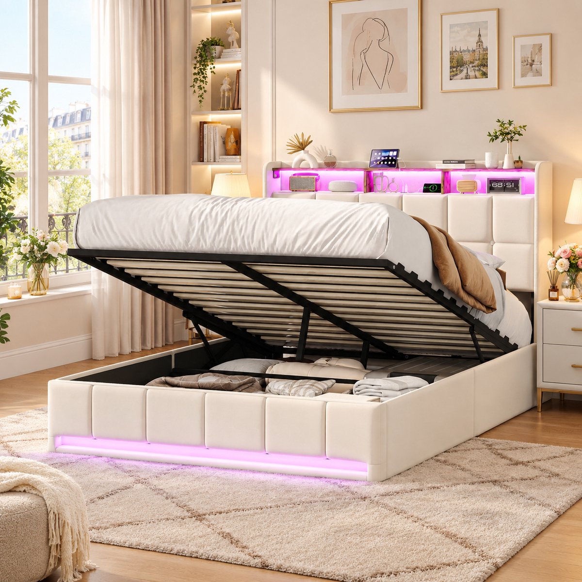 MEXUS Opbergbed 140x190 cm, Tweepersoonsbed met ledverlichting en USB-poorten, Bedframe met gestoffeerd hoofdbord en opbergruimte, houten lattenbodem, linnen Beige