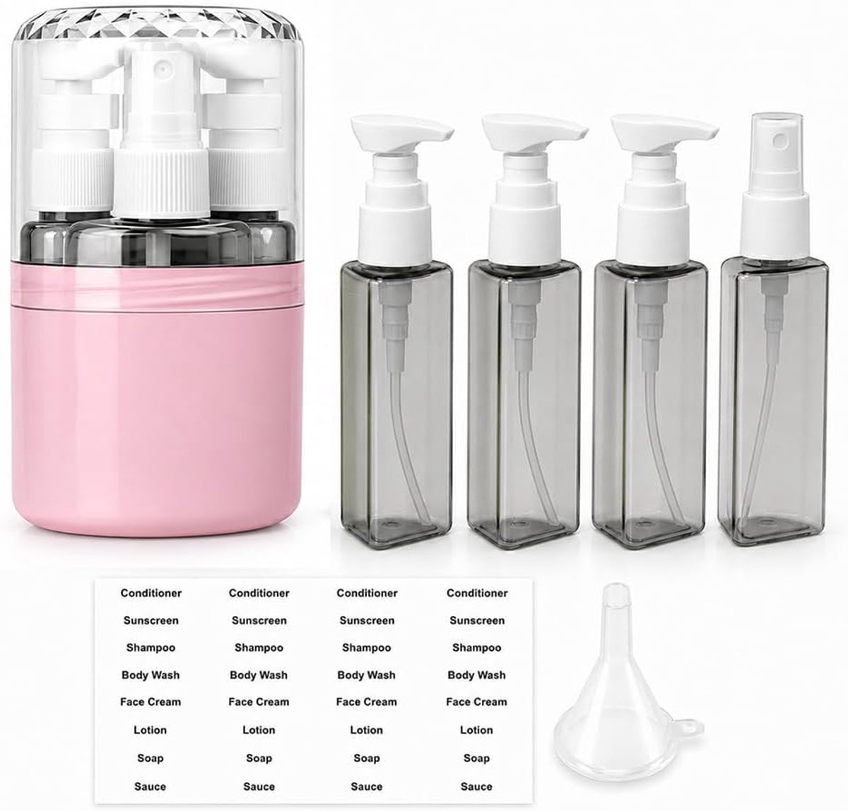 4-in-1 reisdispenser met 4 flessen van elk 50 ml roze