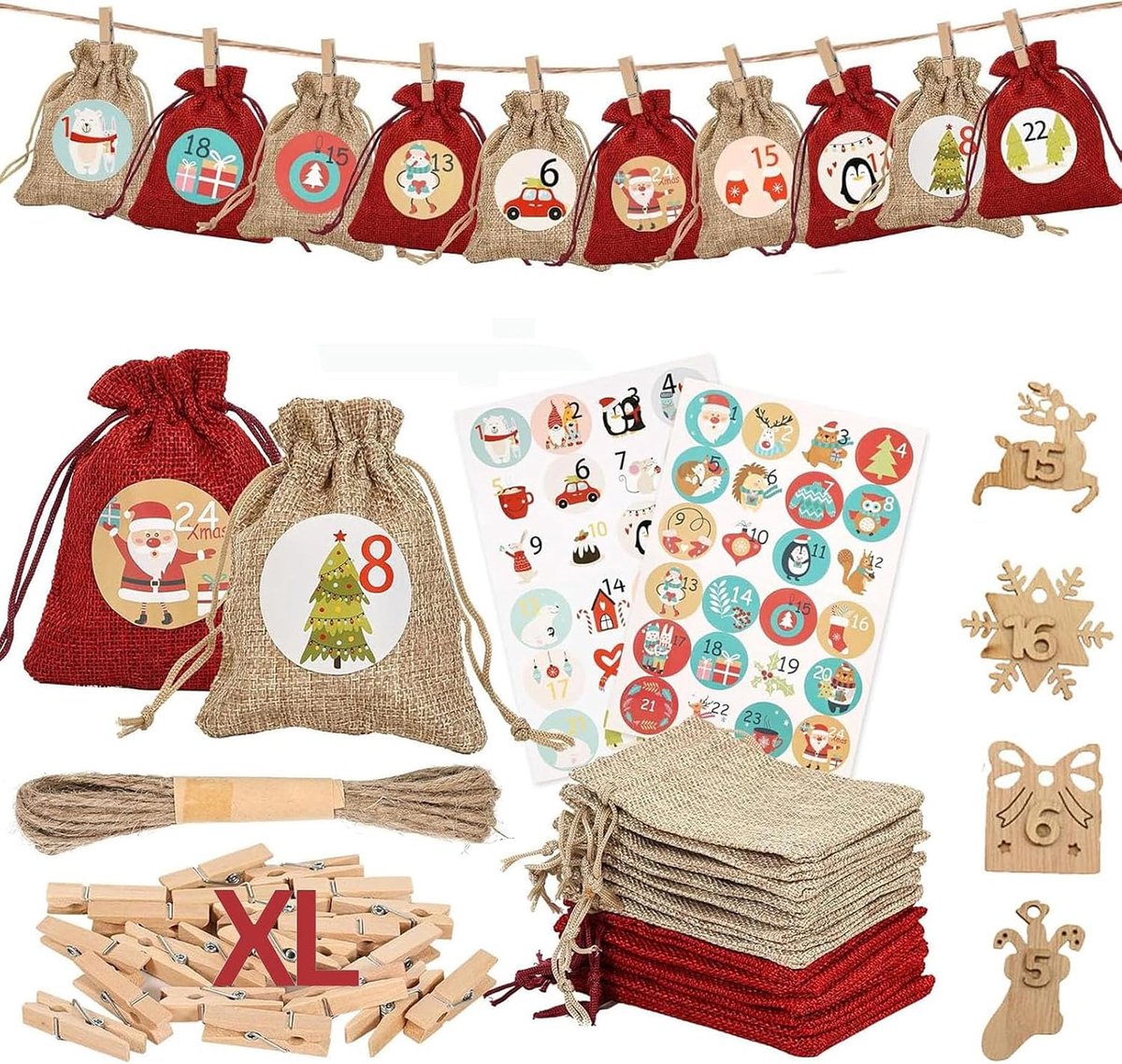 24 jute adventskalenderzakjes, vulbare adventskalender voor 2026, jute kerstkalenderzakjes van 20 x 30 cm, verrassingskalenderzakjes voor Kerstmis, doe-het-zelf adventskalenderzakjes