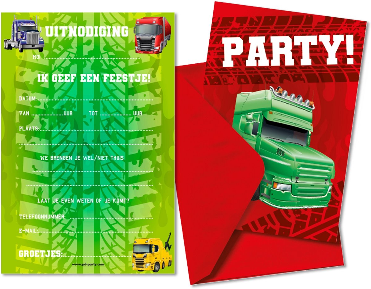 LUQ – Vrachtwagen Kinderfeestje Uitnodigingen – 6 St – Truck Party Birthday Invitation – Verjaardag Set – Met Enveloppen