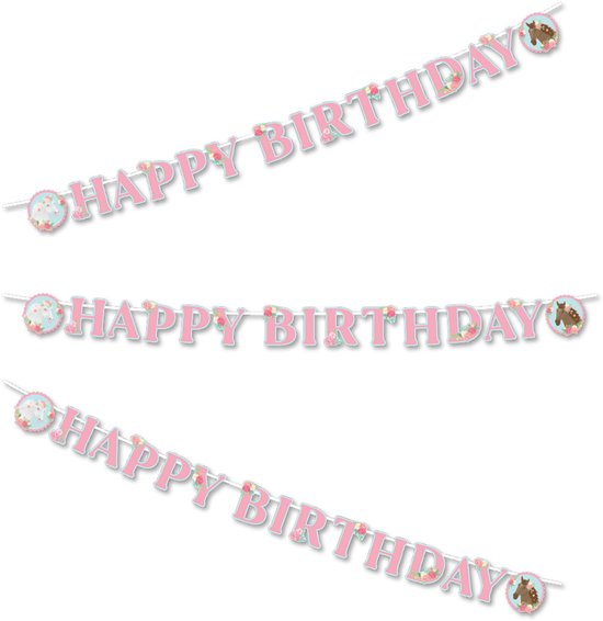 Drie roze "Happy Birthday" slingers met paarden en bloemen, elk 300 cm lang.