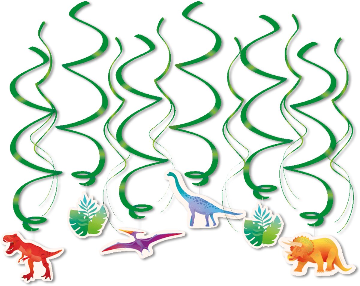 LUQ – Dino Kinderfeestje Swirls – 12 St – Jurassic Birthday Decor – T-Rex Party Verjaardag Versiering – Direct Ophangen