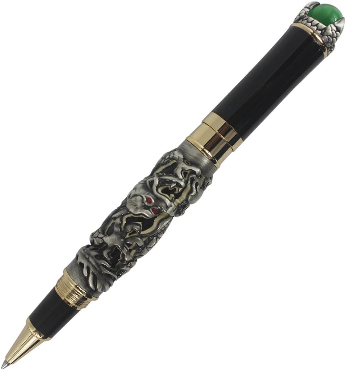 Draak Spelen Parel Rollerball Pen met Groene Sieraden, Schroef-type Cap antiek zilver & groen