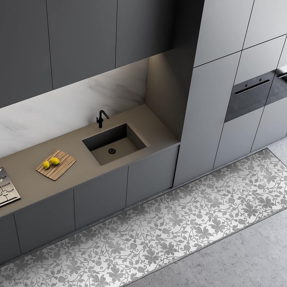 240 cm, damast beton, antislip, wasbaar, van vinyl, voor de keuken, antislip, voor de keuken, 100% Made in Italy