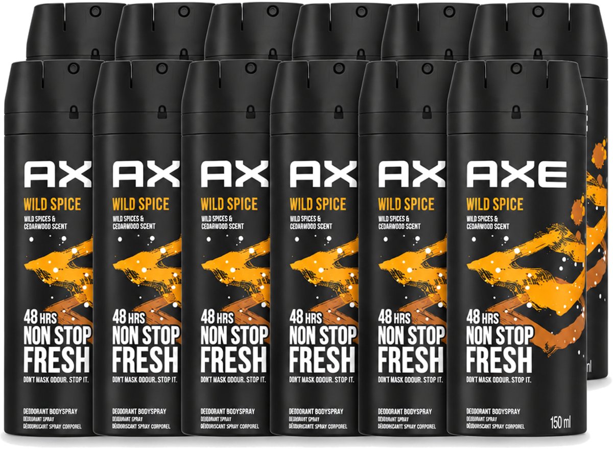 12 x Axe - Deodorant Bodyspray - 48hrs Non Stop Fresh - Wild Spice - Wild Spices & Cedarwood - 150 ml - Voordeelverpakking - 12 stuks
