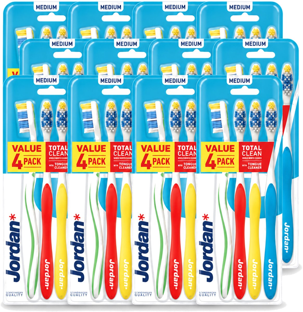 12 x Jordan - Total Clean - Tandenborstels Medium - 4 Tandenborstels - Voordeelverpakking - 12 stuks