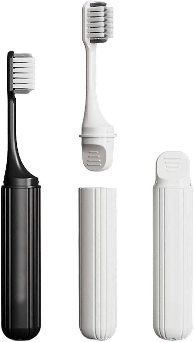 2 stuks opvouwbare reistandenborstel, orthodontische tandenborstel met zachte borstelharen voor stevig, draagbaar en compact apparaat voor volwassenen en jongeren, wit en zwart (113 mm)