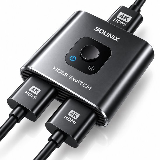 Zwarte Sounix HDMI-schakelaar met twee poorten, 4K HDMI, voor 2 ingangen/1 uitgang of 1 ingang/2 uitgangen.