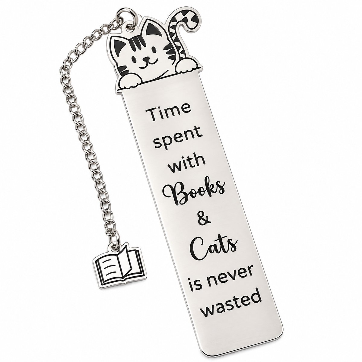 Nina’s Giftshop® Boekenlegger Metaal – Time Spent with Books & Cats – Katten Boekenlegger – Bladwijzer – Cadeau voor Boekenliefhebber – Kerstcadeau – Valentijn Cadeau