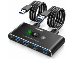Sounix USB 3.0 Switch - KVM-Switch - 2 PC's delen 4 x USB 3.0 poorten - Aluminum - USB 3.0 Switch 4 USB Apparaten aansluiten op 2 Computers/Laptops KVM Switch - Zwart