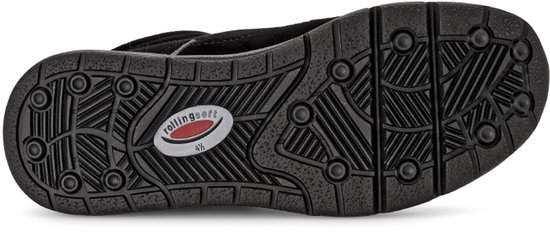 Zwarte buitenzool van een Gabor Rollingsoft-schoen met profiel en 'rollingsoft' embleem.