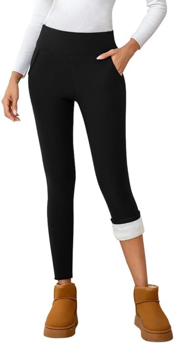 Legging voor dames, winter, dik, fleece, hoge taille, met zakken voor outdoorsport thuis