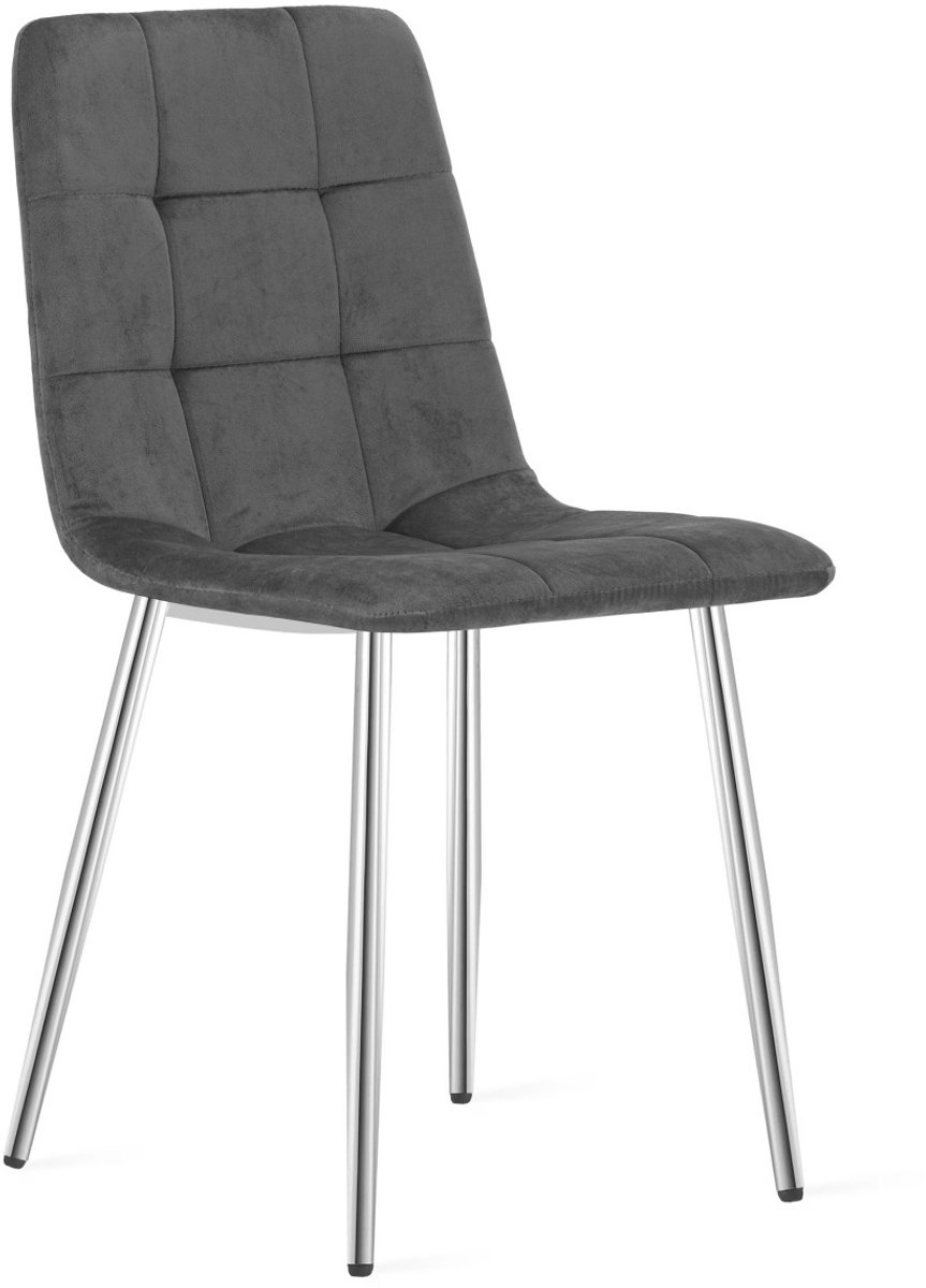Eetkamerstoel KARA - Donkergrijs fluweel - Zilveren metalen poten - Modern design