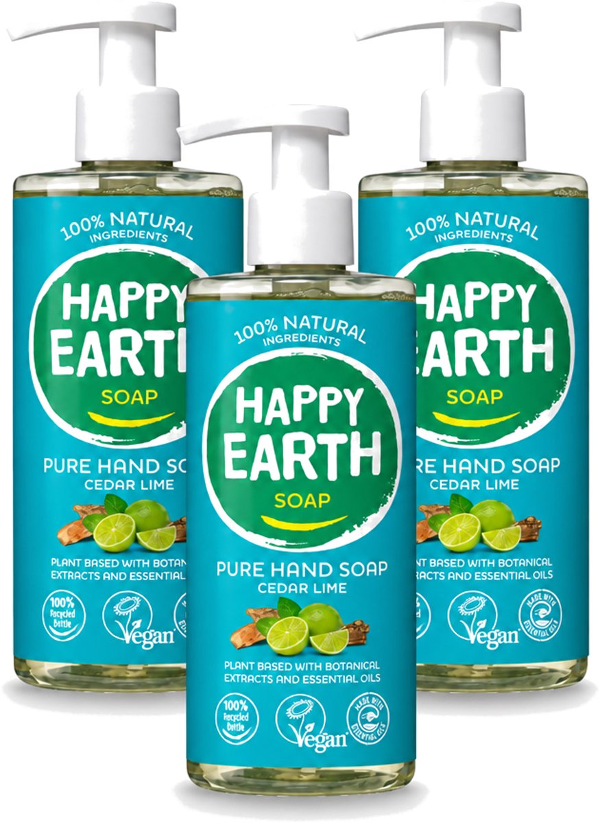 3 x Happy Earth – Handzeep – 100% Natuurlijk Cedar Lime – 300 ml - Voordeelverpakking - 3 stuks